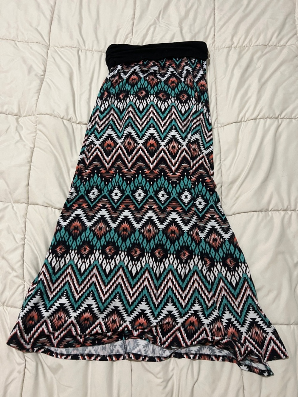 Vanity Teal, Rust & White Aztec Maxi Skirt with Black Waistband